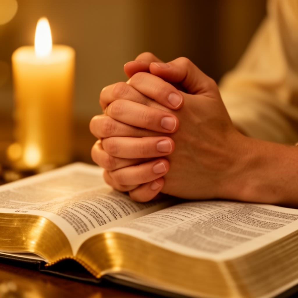 Modliace sa ruky nad Bibliou
